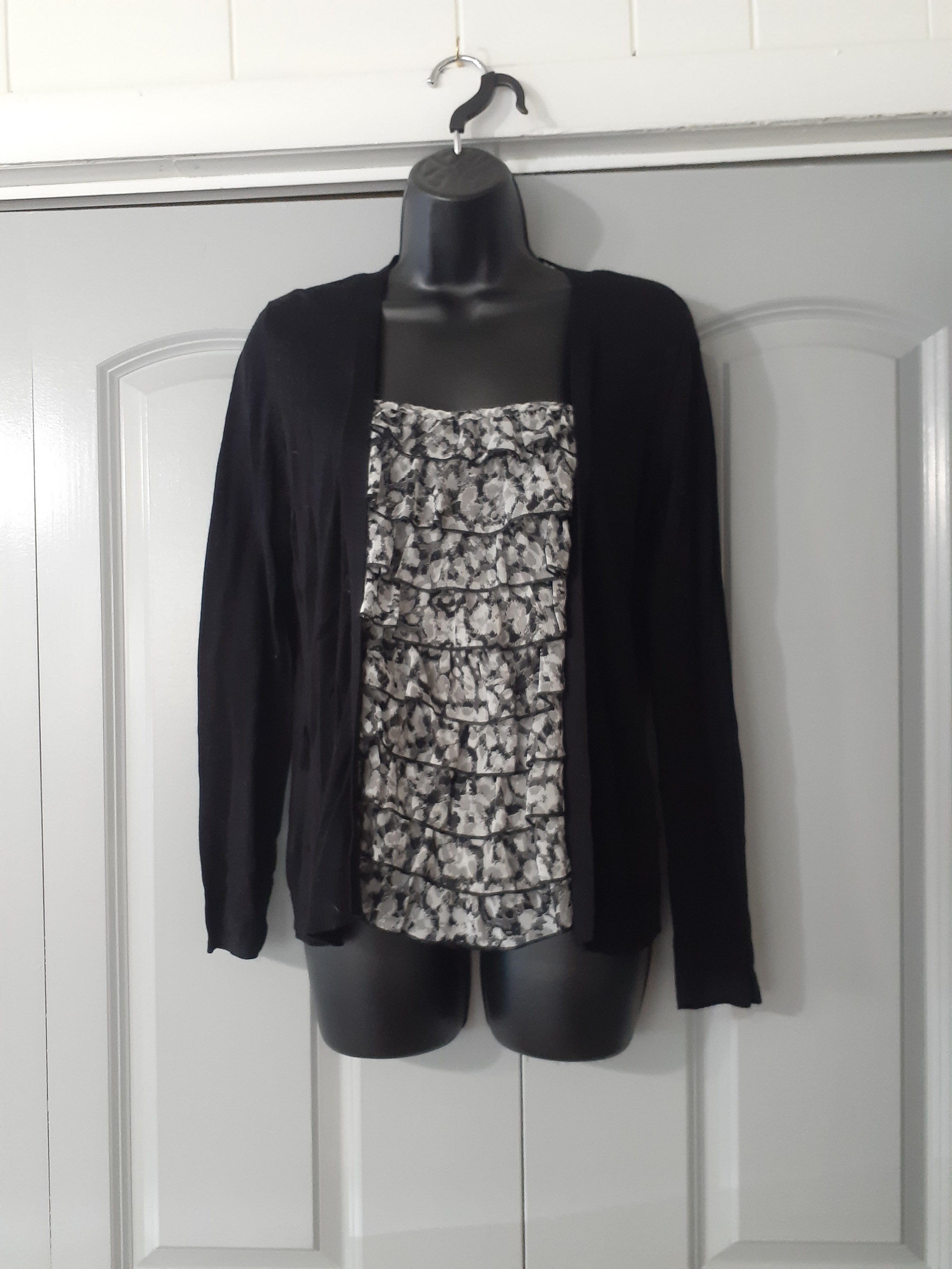 Apt. 9 Black Open-Front Cardigan With Black & White Ruffled Front